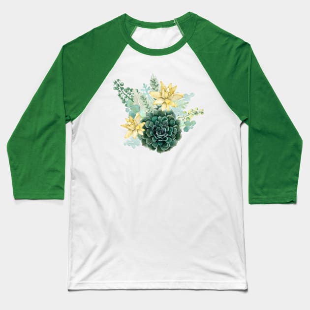 Moss Green Succulent Floral Cacti Bouquet Cluster Baseball T-Shirt by Dear Fawn Studio